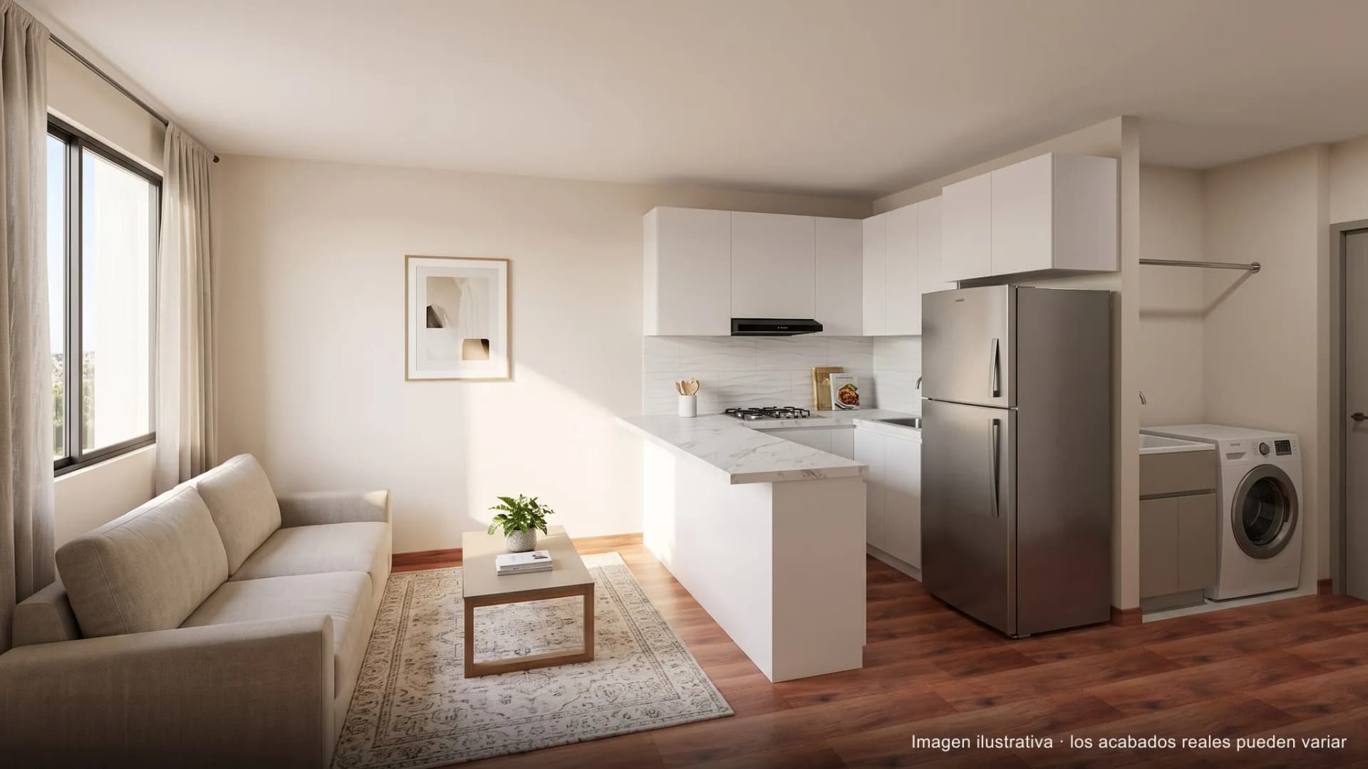 Sala de un apartamento de 42 m² terminado, render fotorrealista de IA sobre el plano real